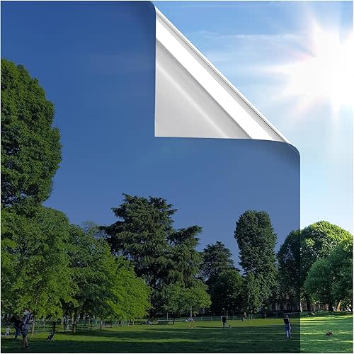 rabbitgoo Window Privacy Film One Way Window Tint, Static Cling Sun Blocking Anti UV Glass Door Window Cover, Reflective Mirror Heat Control Tinting Film Home Office, 17.5 in X 9.8 Feet, Blue Silver