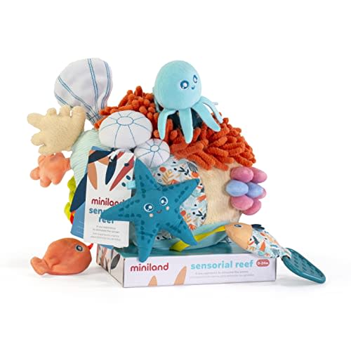 Miniland Sensorial Reef. Plush Rattle Toy for Infant and Toddlers with Many Different Sensory Stimulations. Fully Washable for Baby Teething. 2023 Toty Finalist.