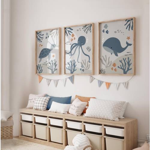 Boho Nursery Wall Prints, Sea Life Nursery Prints, Blue & Grey Nursery Prints, Nursery Wall Art, Ocean Nursery Decor, Set of 3 Kids Prints