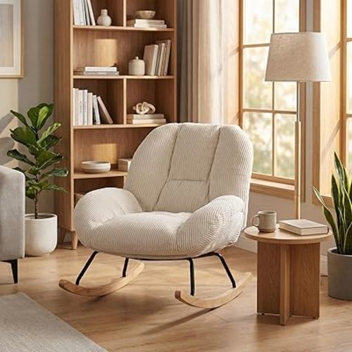 Homy Casa Corduroy Rocking Chair with Extra Wide & Deep Seat, Upholstered Nursery Glider Chair with Solid Wood Rocking Base and Thick Armrests for Living Room, Reading and Relaxing (Beige)