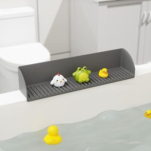 Roslim Splash Guard for Bathtub & Sink - Silicone Bath Splash Guard Shelf, Bath Toy Tray Holder, Tub Water Splash Guard with 4 Suction Cups, 1Pack, Grey