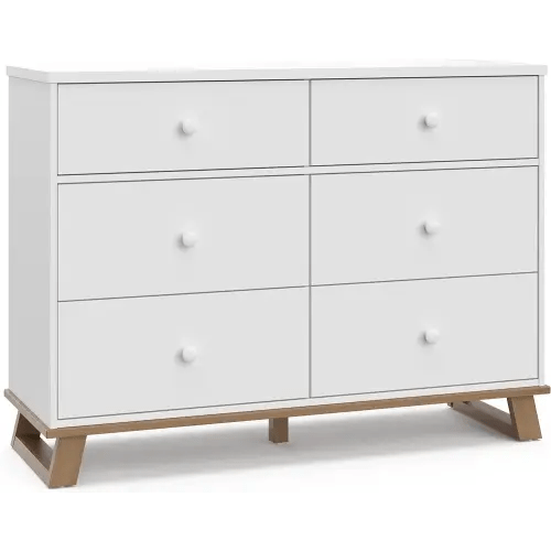Storkcraft Modern 6 Drawer Double Dresser (White with Vintage Driftwood) – GREENGUARD Gold Certified, Modern Double Dresser for Nursery and Kids Bedroom, Wide Dresser Organizer for Children’s Bedroom