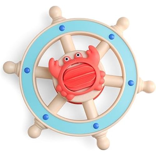 Itzy Ritzy Steering Wheel Bath Toy - Suction Cup Tub Toy with Rotating Steering Wheel and Easy-Grip Handles to Promote Fine Motor Skills & Imaginative Play, for Ages 6 Months and Up (Crab)