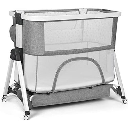Cowiewie 4 in 1 Baby Swingable Bassinet Infant/Newborn to Toddler Bassinet with 4 Stages, Bedside Sleeper+Travel Cot+Bassinet+Playpen with Mattress, Breathable Net,6 Height Adjustable (Gray)