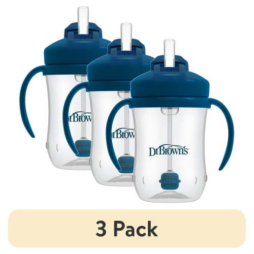 (3 pack) Dr. Brown's Milestones Baby's First Straw Cup, Training Cup with Weighted Straw, 9oz/270ml, Dark Blue, 6m+