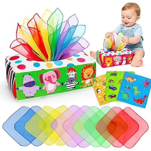 Thremhoo Baby Toys 6-12 Months, Baby Tissue Box Toy, Montessori 4 5 6 7 8 9 10 Month Old Must Haves, Kids Tissue Box Sensory Pulling Scarf Crinkle Paper Toys for 1 Year Old Boys Girls Birthday Gift