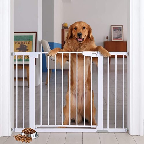 Cumbor 46” Auto Close Safety Baby Gate, Extra Tall and Wide Child Gate, Easy Walk Thru Durability Dog Gate for The House, Stairs, Doorways. Includes 4 Wall Cups, 2.75-Inch and 8.25-Inch Extension - White