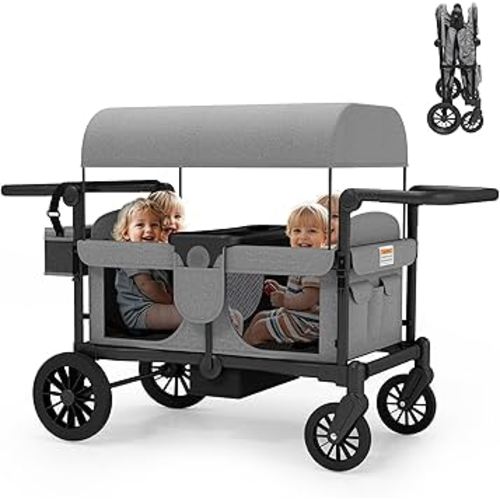 TOLEAD Wagon Stroller for 4 Kids, Foldable 4 Seats Outdoor Stroller Wagon with Canopy, Adjustable Handlebars, 5-Point Safety Harness, Detachable Tray, Portable Bag (Grey)