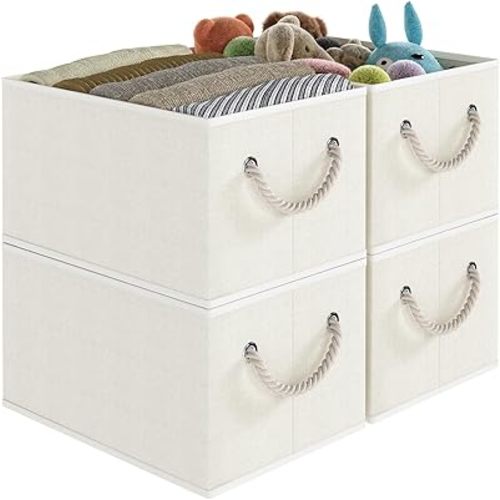 Fabric Storage Bins 4-Pack, Collapsible Storage Baskets for Organizing Toys, Books, Shelves, Closet, Linen Storage Boxes, Decorative Storage Baskets with Rope Handles, White