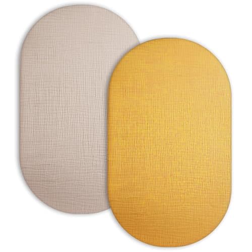 Bassinet Sheet for Baby Boy and Girl 2 Pack, Fitted Sheets for Rectangle, Oval, Hourglass Bassinet Mattress, Muslin Moses Basket Sheets with Neutral Style (Beige & Mustard Yellow)