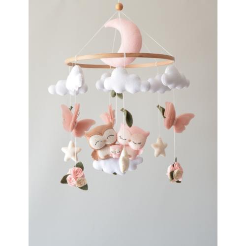 Owl baby pink mobile girl. Butterflies baby mobile. Baby shower gift. Nursery decor.