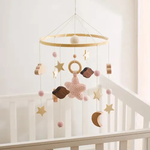 Baby Crib Mobile for Boys Girls| Boho Nursery Mobile| Gender Neutral Hand-Crocheted Mobile| Ceiling Mobile - Stars, Clouds, Moon (Pink)