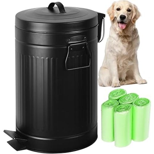 Dog Poop Trash Can Outdoors Vintage Pet Waste Station with Lid Dog Waste Disposal Container Removable Inner Bin Bucket Hand Free Pedal Garden Yard Home 12 Litre/3.2 Gallon, Green Waste Bags, Black