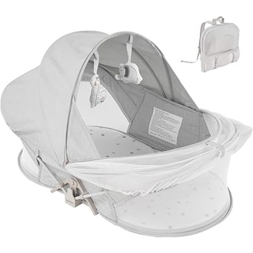 Portable Travel Bassinet for 0-5M Baby, Baby Cribs Travel Pod for Outdoors Baby Lounger,Co Sleeper for Baby in Bed with Mosquito Net and Sunshade Canopy, Lightweight Washable (Gray)