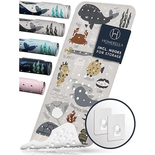 Homerella Baby Bath Tub Mat | Anti Mold Mildew Resistant Non Slip Kids and Adult Bath Tub Shower Mats | 40x16 inch Long with Suction Cups for Secure Grip Hooks for Storage & Drying | Machine Washable