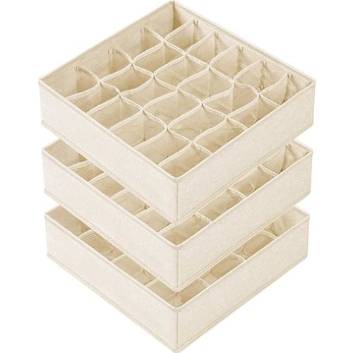 Criusia 3 Pack Sock Underwear Drawer Organizer Dividers, 64 Cell Fabric Foldable Cabinet Dresser Closet Organizers and Storage Boxes for Organizing Socks, Underwear, Ties (16+24+24 Cell, Beige)