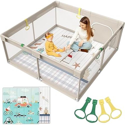 UANLAUO Playpen with Mat, 59x59x27 Inch Baby Playpen, Extra Large Playpen, Play Yard for Baby&Toddler, Play Pen with Baby Play Mat, Safe Baby Fence, Large Baby Play Pen for Baby Boy and Baby Girl