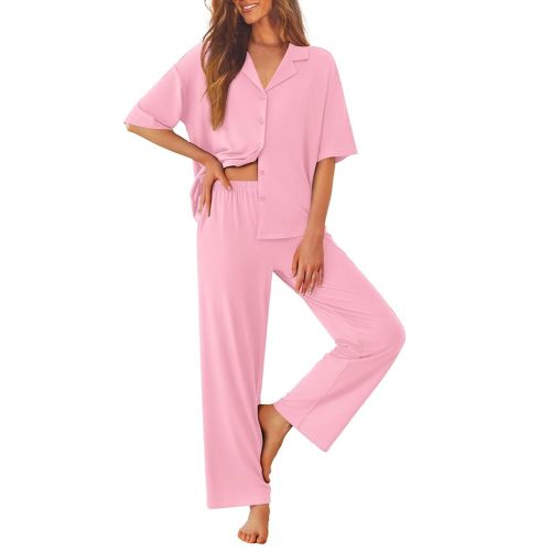 Ekouaer Women Pajamas Set Button Down Sleepwear Short Sleeve Pjs Soft Comfy Nightwear with Long Pants S-XXL