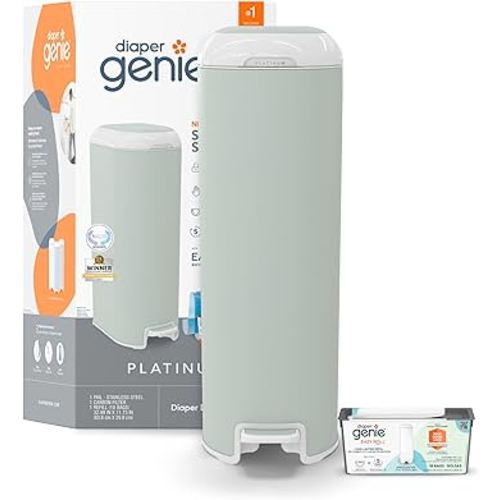 Diaper Genie Platinum Pail (Sage Green) is Made in Durable Stainless Steel and Includes 1 Easy Roll Refill with 18 Bags That can Last up to 5 Months.