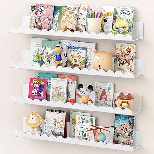 Floating Shelves for Wall, 23 Inch Metal Nursery Book Shelves 4 Pack, Wall Mounted Book Shelf for Kids Room, Bedroom, Bathroom, Playroom Decor (White)