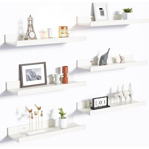 upsimples Floating Shelves for Wall, Wall Shelves for Decor Storage Set of 6, Wall Mounted Wood Shelves for Bedroom, Living Room, Bathroom, Kitchen, Picture Ledge Shelves, White