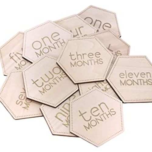 Wooden Baby Monthly Cards. Cute Unisex, Reversible, and Laser Engraved Blocks. Set of 24 Sayings Plus a Customizable Birth Card. Natural Wood Disc Photo Props for Boy or Girl in Keepsake Gift Bag