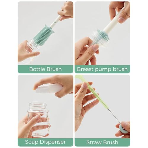 Momcozy Bottle Brush Set - Baby Bottle Cleaner Kit with Silicone Brush, Nipple Brush, Straw Brush, Soap Dispenser, Drying Rack - 7 in 1 Bottle Cleaning Tool for Home and Travel, Green