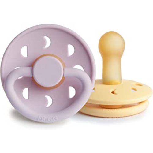 FRIGG Moon Natural Rubber Baby Pacifier | Made in Denmark | BPA-Free (Soft Lilac/Daffodil, 6-18 Months) 2-Pack