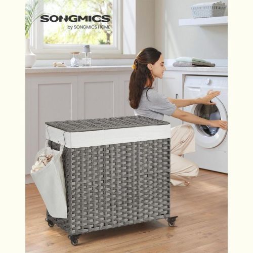 Songmics Laundry Hamper With Lid, 37 Gallon (140l), Rolling Laundry Basket With Wheels, 3-section Synthetic Rattan Laundry Hamper,gray