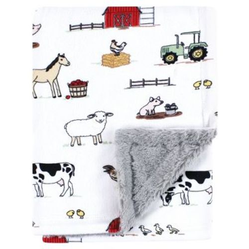 Hudson Baby Plush Blanket with Furry Binding and Back, Farm, One Size