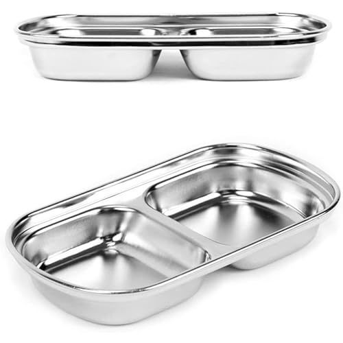 esowemsn 2pcs Stainless Steel Silver Sauce Dish 2 Compartment Soy Sushi Dipping Bowls Seasoning Dishes Appetizer Serving Tray Divided Snacks Plates for Home Restaurant Party