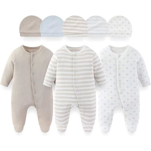 8 Pack Unisex Baby Boy Girl Footed One-piece Outfit Infant Hats 0-12months Comfort New Born Romper Clothes