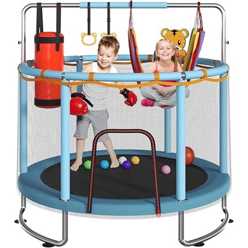 Trampoline for Kids, Upgrade Full Anti-Rust 440lbsToddler Trampoline with Net, Upgraded Ring Legs with Adjustable Gymnastics Bar&Toys, Gifts for Ages 1-8 Boys&Girls