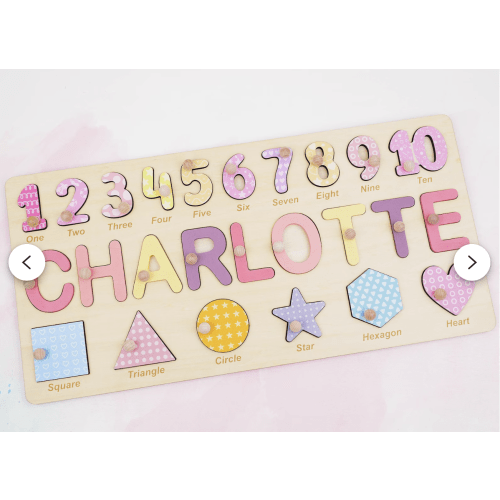 Personalized Wooden Name Puzzle Gift for Boys & Girls, Custom Baby Gifts Name Puzzle with Numbers and Geometry Shapes, Free Back Engraving