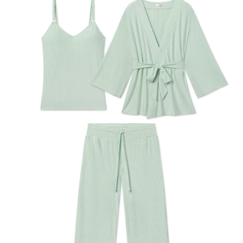 LAKE | Women | DreamModal Pajamas | Parisian Green Pencil Stripe Maternity Kimono Bundle