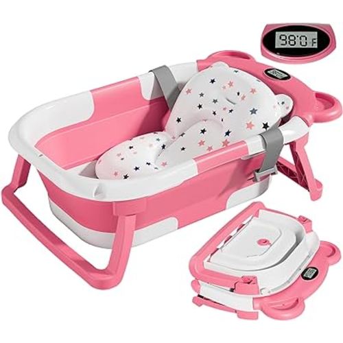 TPN Collapsible Baby Bathtub for Infants to Toddler with Real-time Temp Monitor+Floating Cushion,Foldable Baby Bath Tub Set Applicable 0-36 Month,Perfect Portable Travel Baby Tub for Newborns Girl