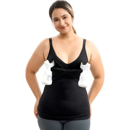 Momcozy Hands Free Pumping Tank Top, All-in-One Pumping & Nursing Tank Tops with Built-in Bra, Fixed Padding Maternity Cami