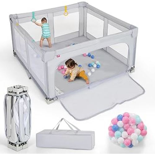 Costzon Foldable Playpen for Babies, 59''x59'' Portable Baby Play Pen with 50 PCS Ocean Balls, 4 Handles, Carry Bag, Visible Mesh, Kids Activity Center with Gates, Indoor & Outdoor Baby Gate Play Pen