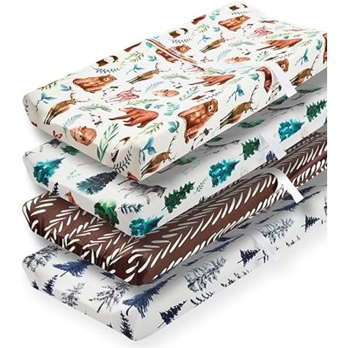 REZIPO 4 Pack Changing Pad Covers Woodland Forest Animals Wood Tree Neutral Unisex Fitted Baby Changing Pad Covers Set for Baby Boys or Girls
