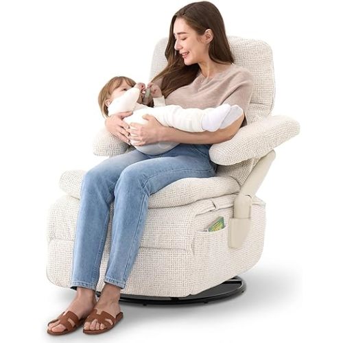 MAMAZING Lullacloud Nursery Swivel Glider Recliner Chair with Adjustable Armrests and Headrest, Low 15.3" Seat Height for Petite Moms, Silent Rocking Motion, Removable Cover, OEKO-TEX Certified, Beige