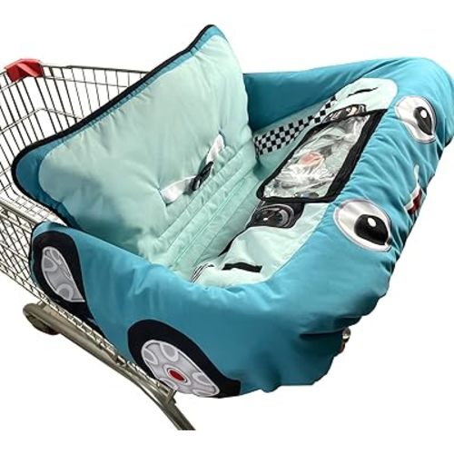 Cute Car Design 2-in-1 Shopping Cart & High Chair Cover for Baby with Portable Bag, Universal Fit All Shopping Cart Seat& Restaurant Highchair (Blue)