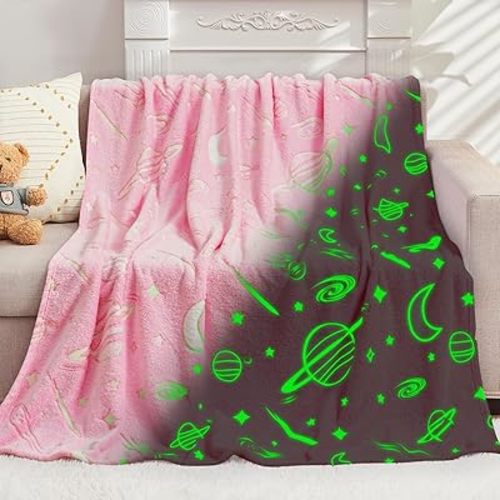 inhand Glow in The Dark Space Pink Blanket for Girls Boys Cute Star Moon Galaxy Blanket for Kids Birthday Gifts Space Planet Toys Room Decor for 3,4,5,6,7,8,9,10,11,12 Years Old (50''x60'' Pink)