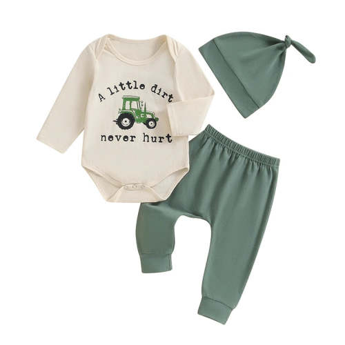 Baby Boys 3Pcs A Little Dirt Never Hurt Fall Outfit Letter Tractor Pri – August + Willow