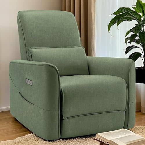 Swivel Recliner Chair, Glider Rocking Chair Nursery, Electric Rocking Recliner Chair of Faux Leather, Power Rocker Recliner with Side Pockets
