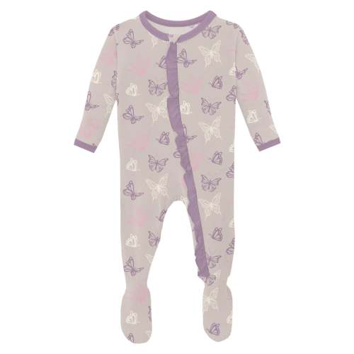 Print Layette Ruffle Footie with 2 Way Zipper in Latte Butterflies
