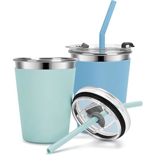 Kids Cups with Straws and Lids Leak Proof, 12oz Sippy Cups for Toddlers 1-3, 2 Pack Spill Proof Cups Stainless Steel Kids Cups with Lids for School, Outdoor (Blue & Green)