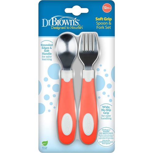 Dr. Brown's Designed to Nourish Soft-Grip Spoon and Fork Set,Coral