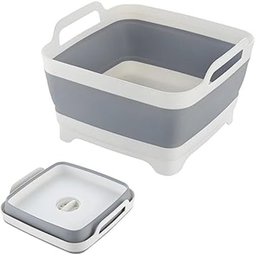 Collapsible Dish Basin with Drain Plug, 9L 2.4 Gallon Portable Wash Basin Dishpan Space Saving Dish Washing Tub Foldable Sink Tub Kitchen Storage Tray Grey