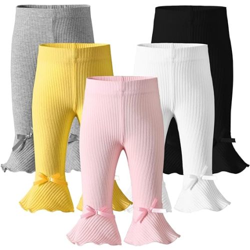 Baby Pants Leggings Baby Boy Girl Pants Toddler Boy Girl Pants Leggings Newborn Pants Ribbed Straight Bottoms 5 Packs - 3-6 Months - #2 Grey White Pink Yellow Black