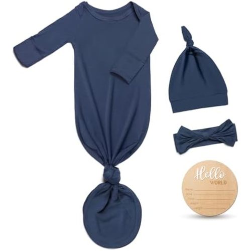 Hello World Newborn Knotted Gown 0-3 Months, Coming Home Outfit Baby Bamboo Viscose Sleeper with Hat,Headband,Wooden Sign
